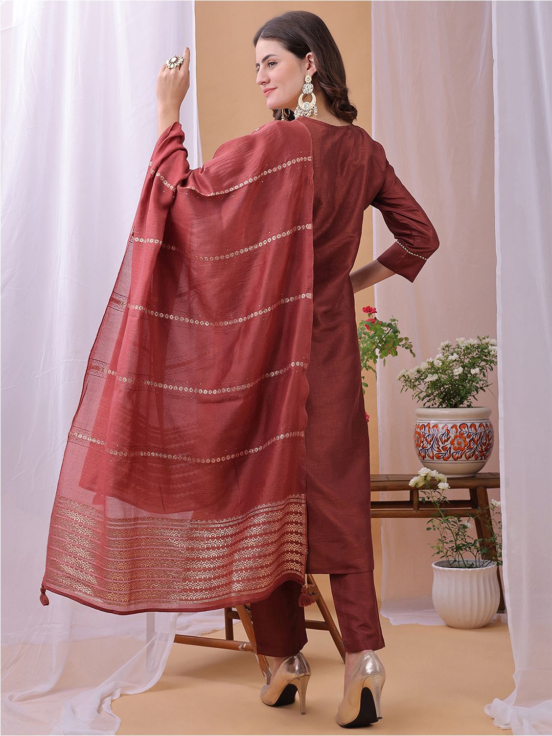 KALINI Yoke Design Sequinned Straight Kurta With Trousers And Dupatta