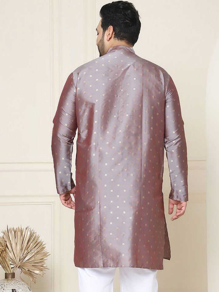 SOJANYA PLUS Lelaki Plus Size Taupe & Golden Geometric Jacquard Kurta