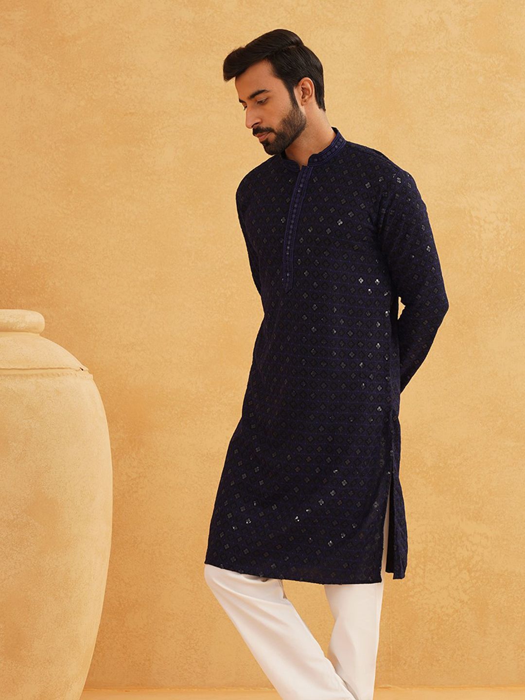 SOJANYA Ethnic Motifs Embroidered Mandarin Collar Sequined Pure Cotton Straight Kurta