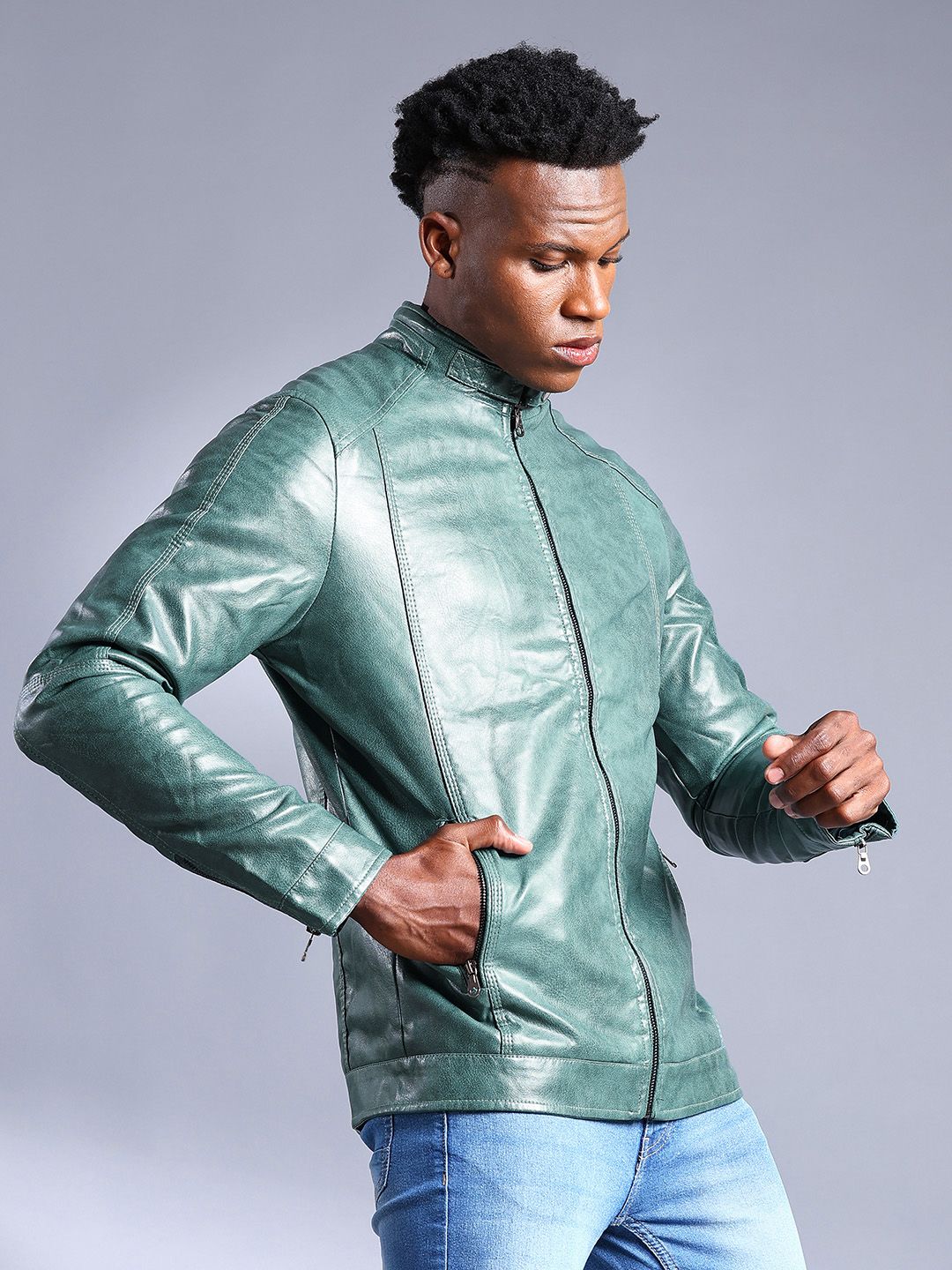 The Indian Garage Co Men Slim Fit Faux Biker Jacket with Zip Closure