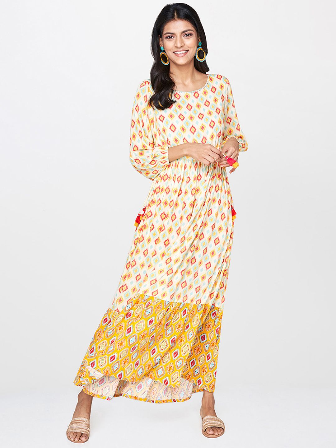 Global Desi Women Off-White & Mustard Yellow Printed Maxi Dress