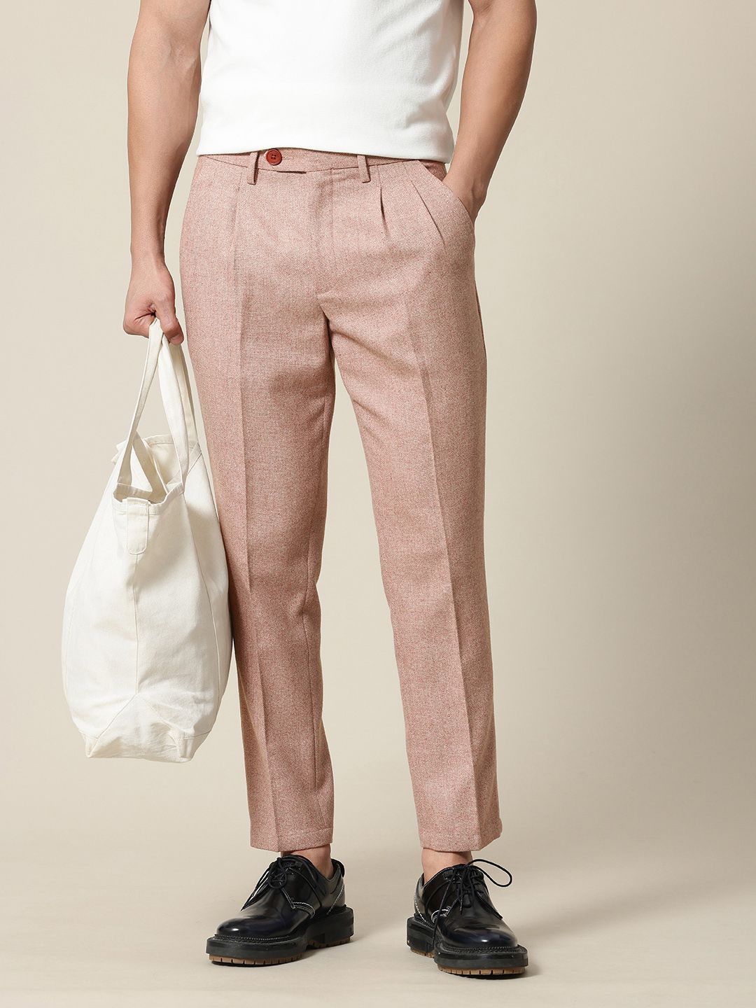 Mr Bowerbird Men Tailored Fit Textured Pleated Trousers