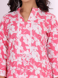 Varanga Pink Floral Printed Mandarin Collar Pure Cotton Kurta with Trousers