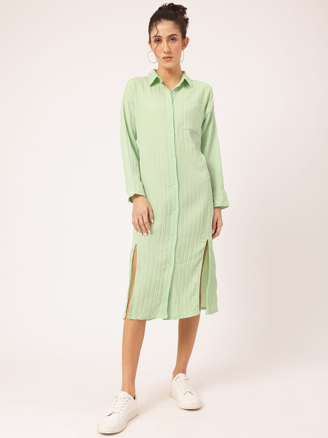 DressBerry Spirited Swirl Self-Striped Midi Shirt Dress with Slit-Detail