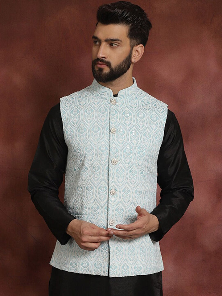 Jaket Nehru Kolar Mandarin Bersulam Biru Anouk