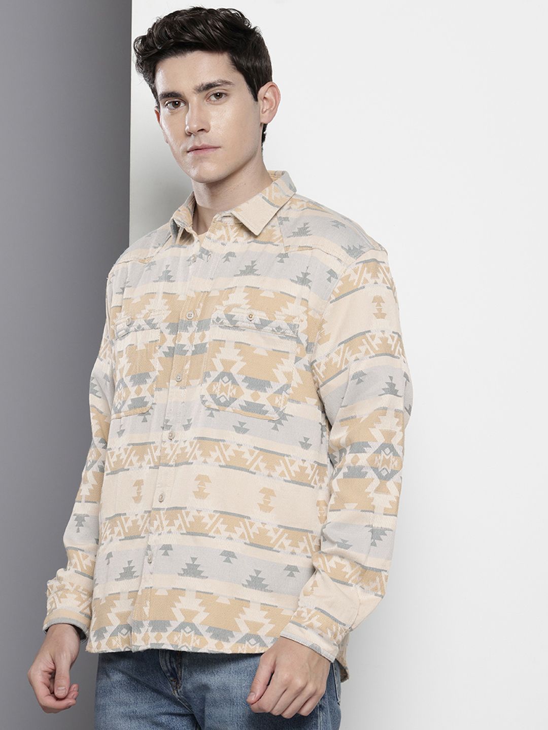 The Indian Garage Co Self-Design Ethnic Drop-Shoulder Sleeves Relaxed Fit Casual Shirt