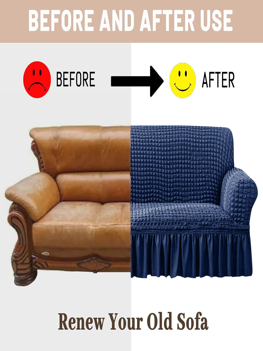 Cortina Navy Blue Ruffle 1-Seater Stretchable Sofa Cover With Skirt