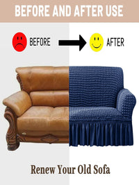 Cortina Navy Blue Ruffle 1-Seater Stretchable Sofa Cover With Skirt