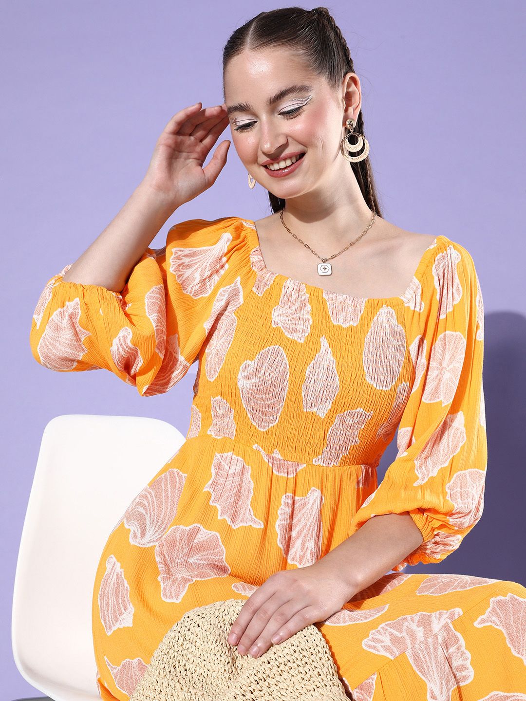 all about you Printed Puff Sleeve Romance Ramble-Decorative Smocking A-Line Dress