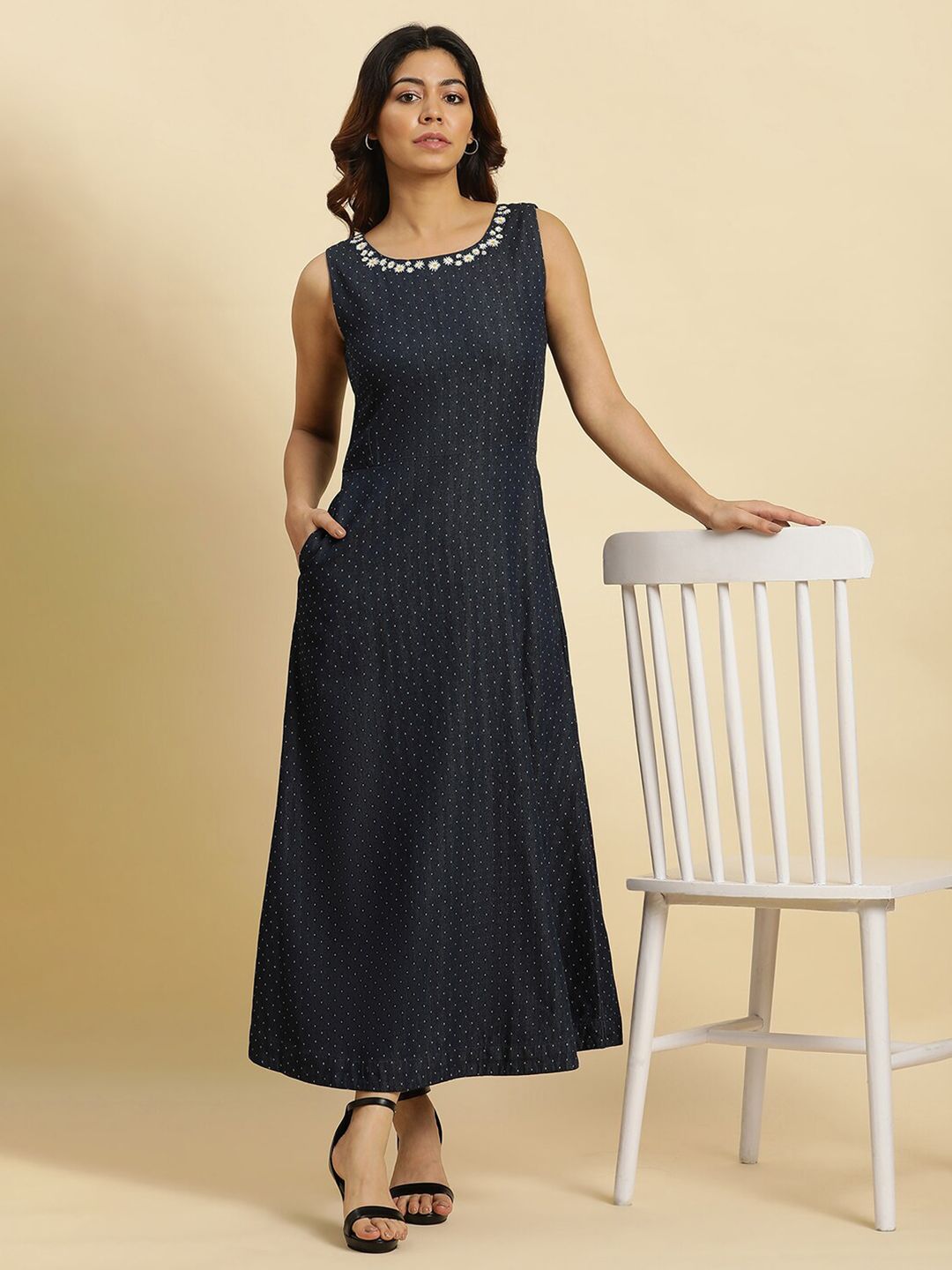 W Polka Dots Printed Sleeveless Cotton A-Line Dress