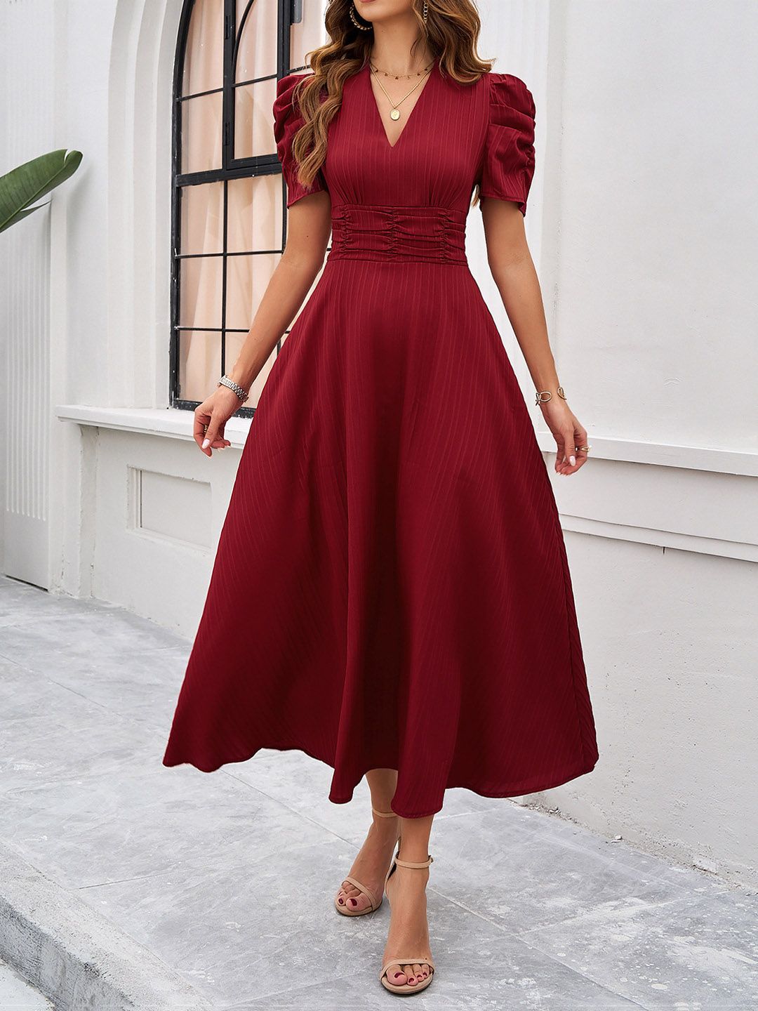all about you Red V-Neck Puff Sleeve Gathered Fit & Flare Midi Dress