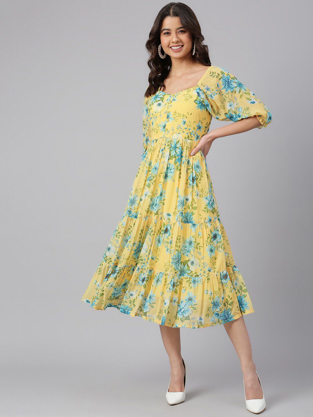 Janasya Women Yellow Georgette Floral Printed Flared Dress
