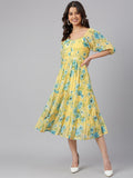 Janasya Women Yellow Georgette Floral Printed Flared Dress