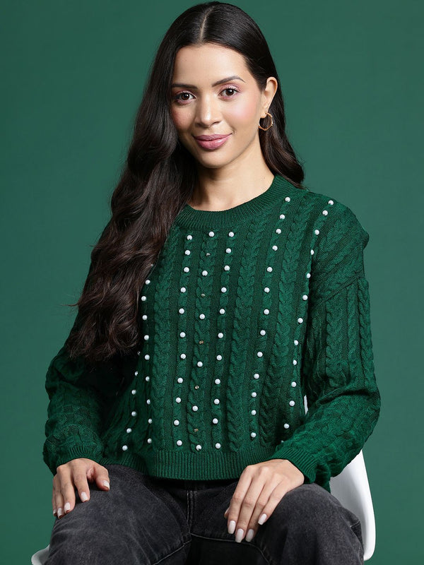 DressBerry Cable Knit Pullover with Embellished Detail