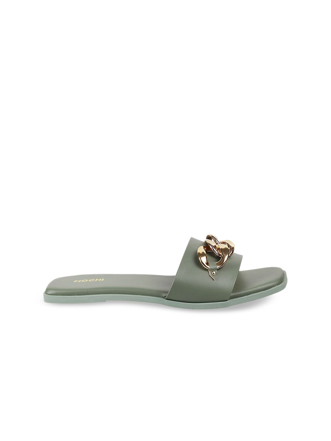 Mochi Women Green & Gold-Toned Open Toe Flats with Buckles
