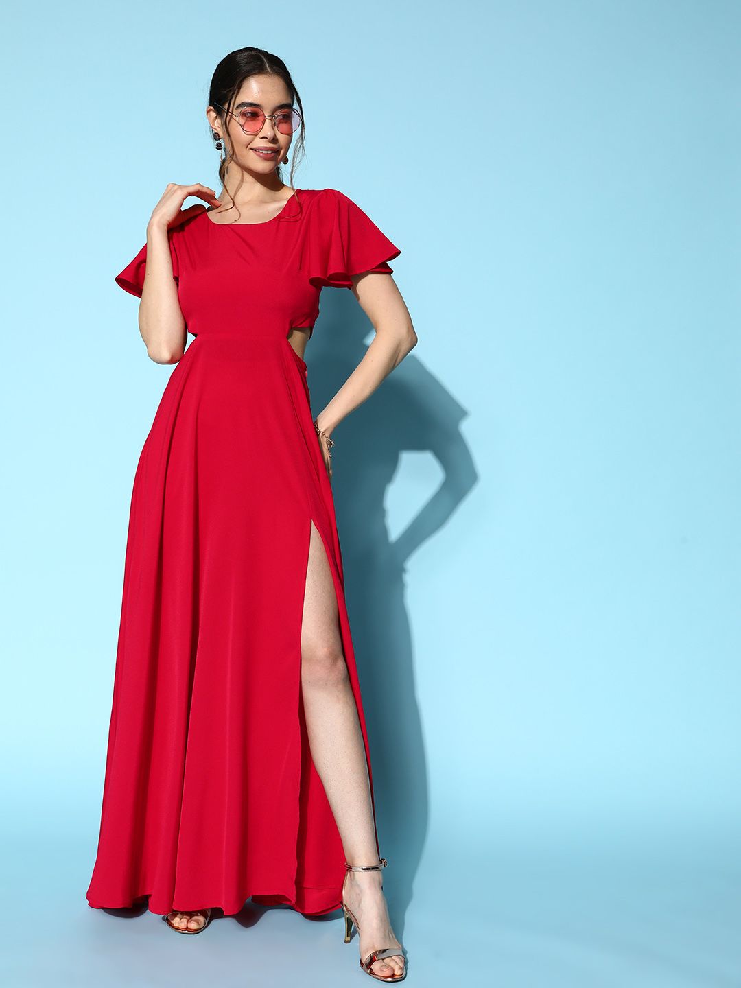 Berrylush Solid Crepe Cut-Outs Maxi Dress