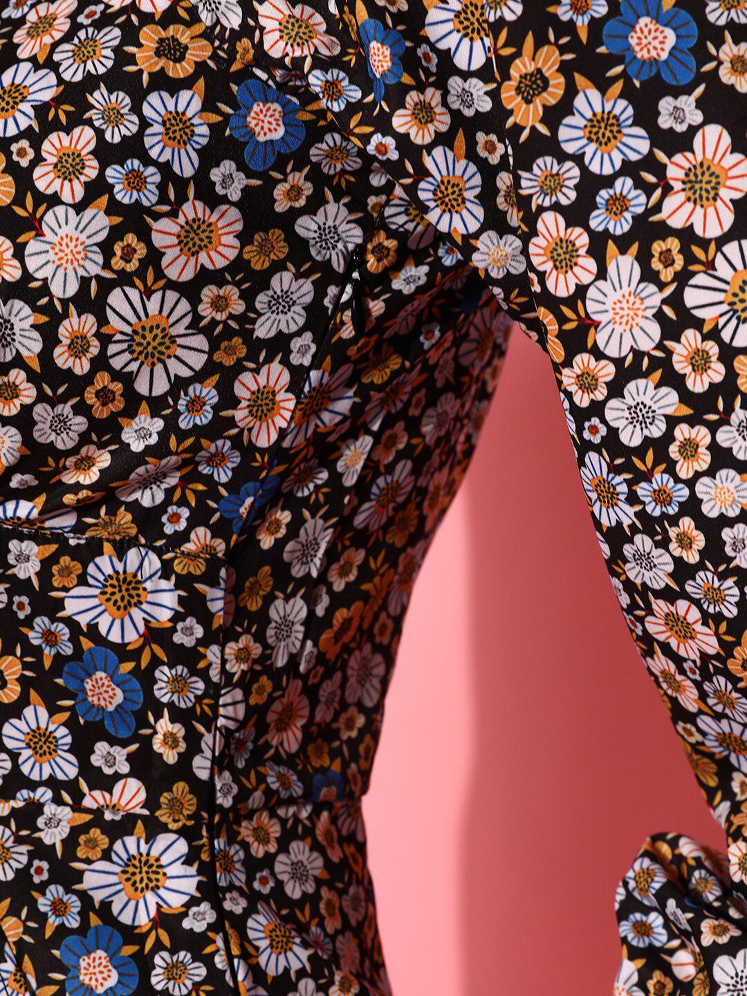 STREET 9 Women Black Floral Print One Shoulder Crepe Blouson Dress