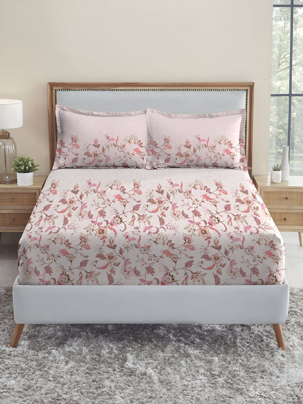 MYTRIDENT White & Peach Floral 210 TC Cotton Fitted King Bedsheet with 2 Pillow Covers