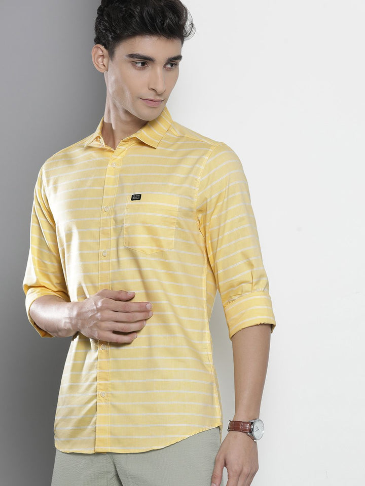 The Indian Garage Co Men Yellow Cotton Smart Slim Fit Striped Casual Shirt