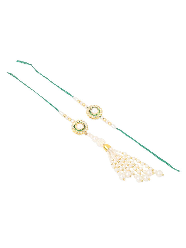 NVR Set of 2 White & Green Stone Studded Bhaiya Bhabhi Rakhi with Roli Chawal Chandan