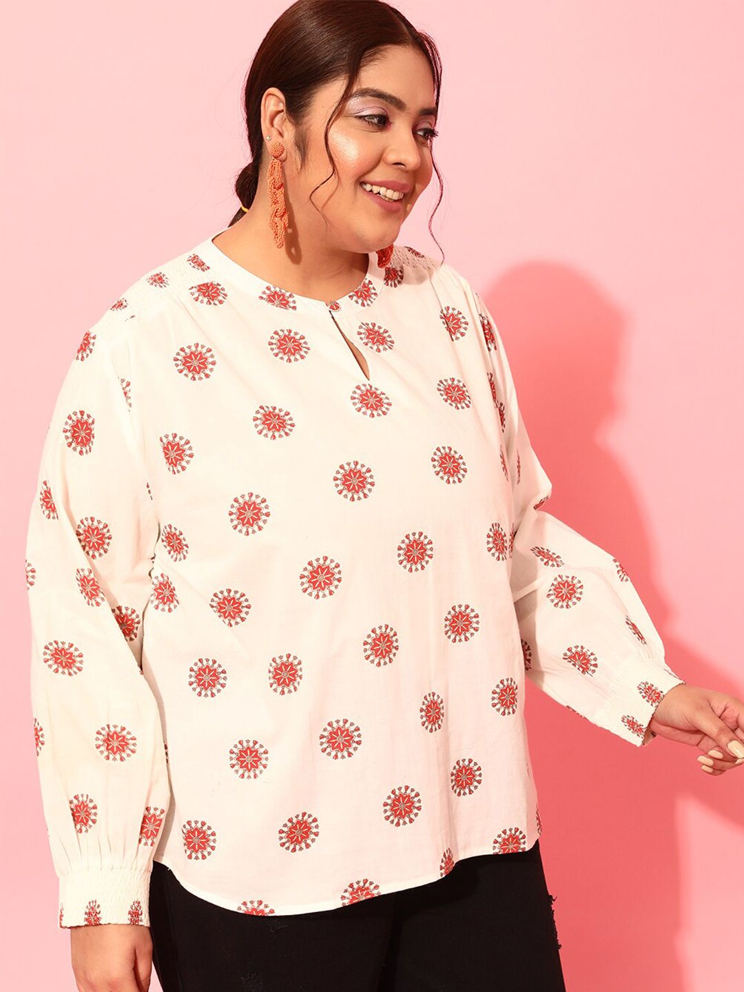 CURVY STREET Plus Size Floral Printed Smocked Shirt Style Top