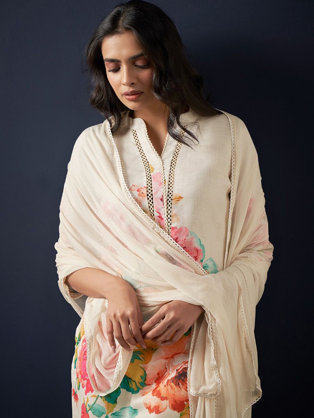 Indo Era Floral Printed Beads and Stones Linen Straight Kurta with Trousers & Dupatta