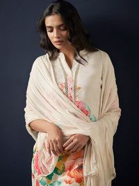 Indo Era Floral Printed Beads and Stones Linen Straight Kurta with Trousers & Dupatta
