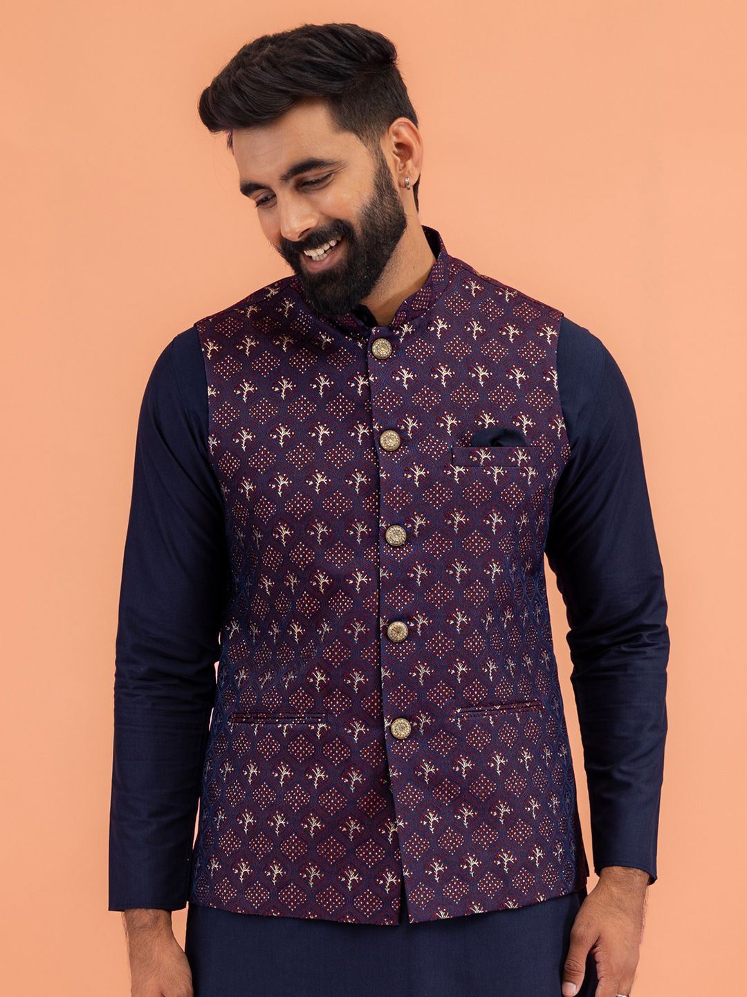 KISAH Men Textured Zari  Regular Fit Nehru Jacket