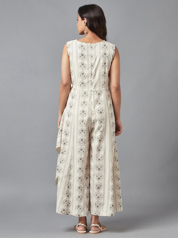 W Off-White & Grey Ethnic Motifs Printed Layered Basic Jumpsuit