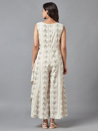W Off-White & Grey Ethnic Motifs Printed Layered Basic Jumpsuit