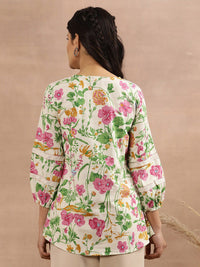 W Floral Printed V-Neck Cuffed Sleeves Cotton Top
