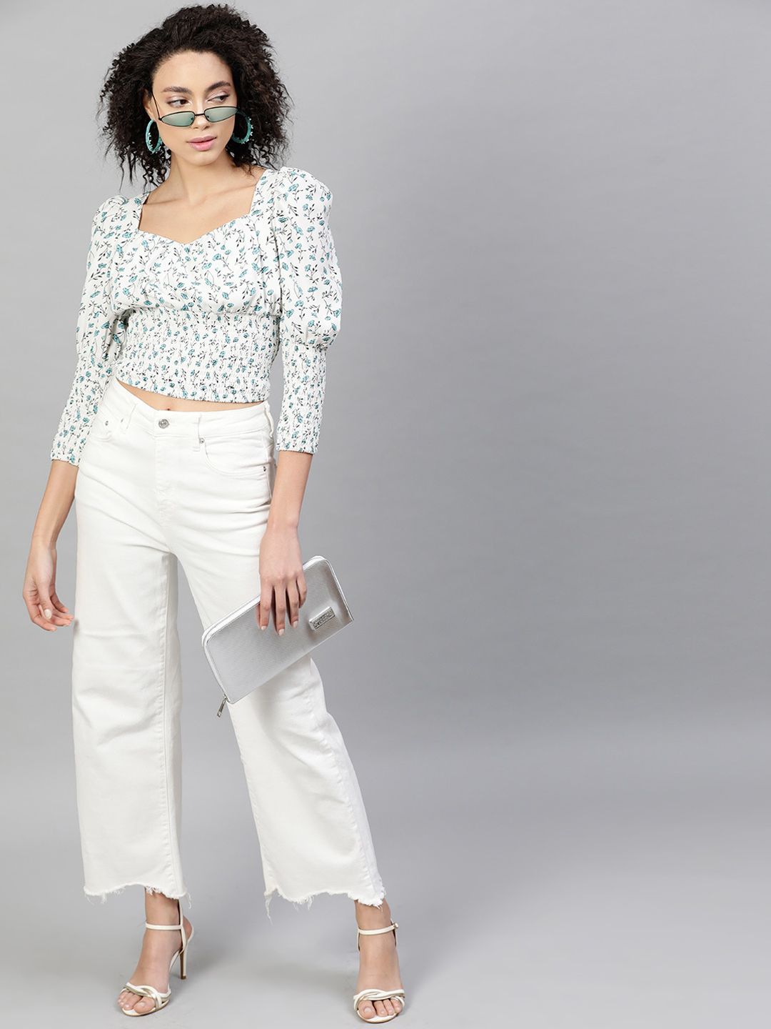 STREET 9 White Printed Sweetheart Neck Puff Sleeves Crepe Top