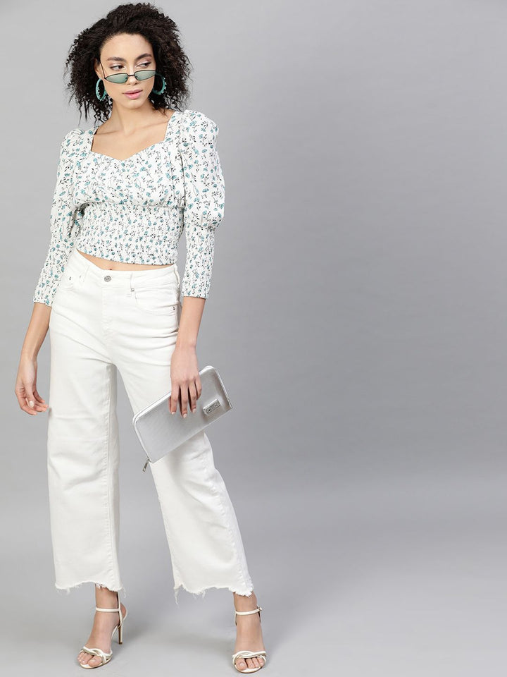 STREET 9 White Printed Sweetheart Neck Puff Sleeves Crepe Top