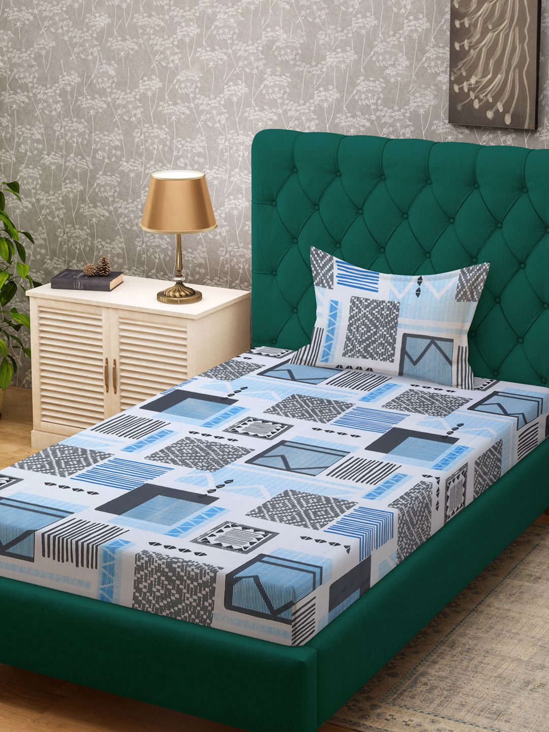 KLOTTHE Grey & Blue Printed Pure Cotton Fitted 400 TC Single Bedsheet With Pillow Cover