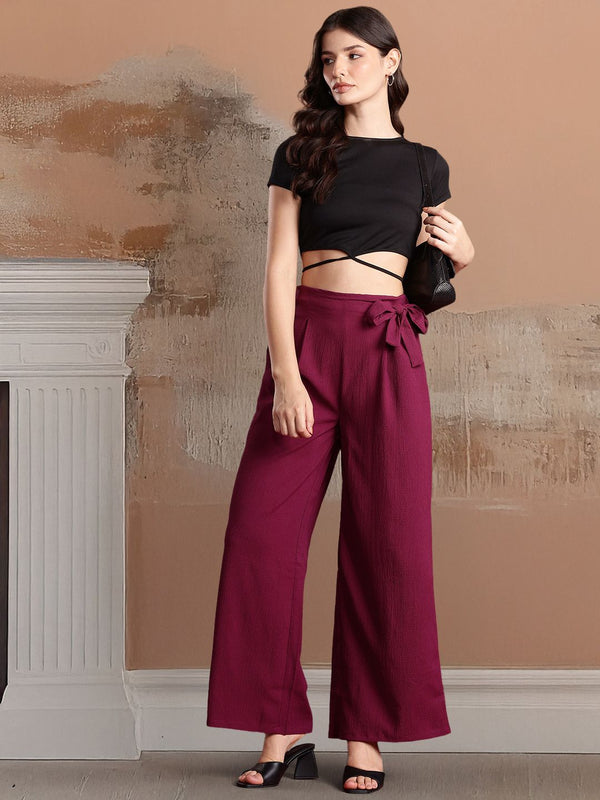 all about you Women Textured Pleated Tie-Up Detail Trousers