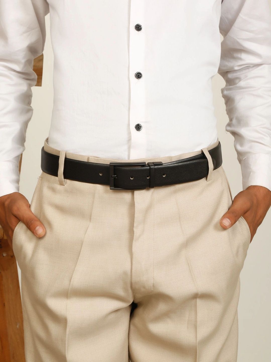 Teakwood Leathers Men Textured Leather Reversible Formal Belt