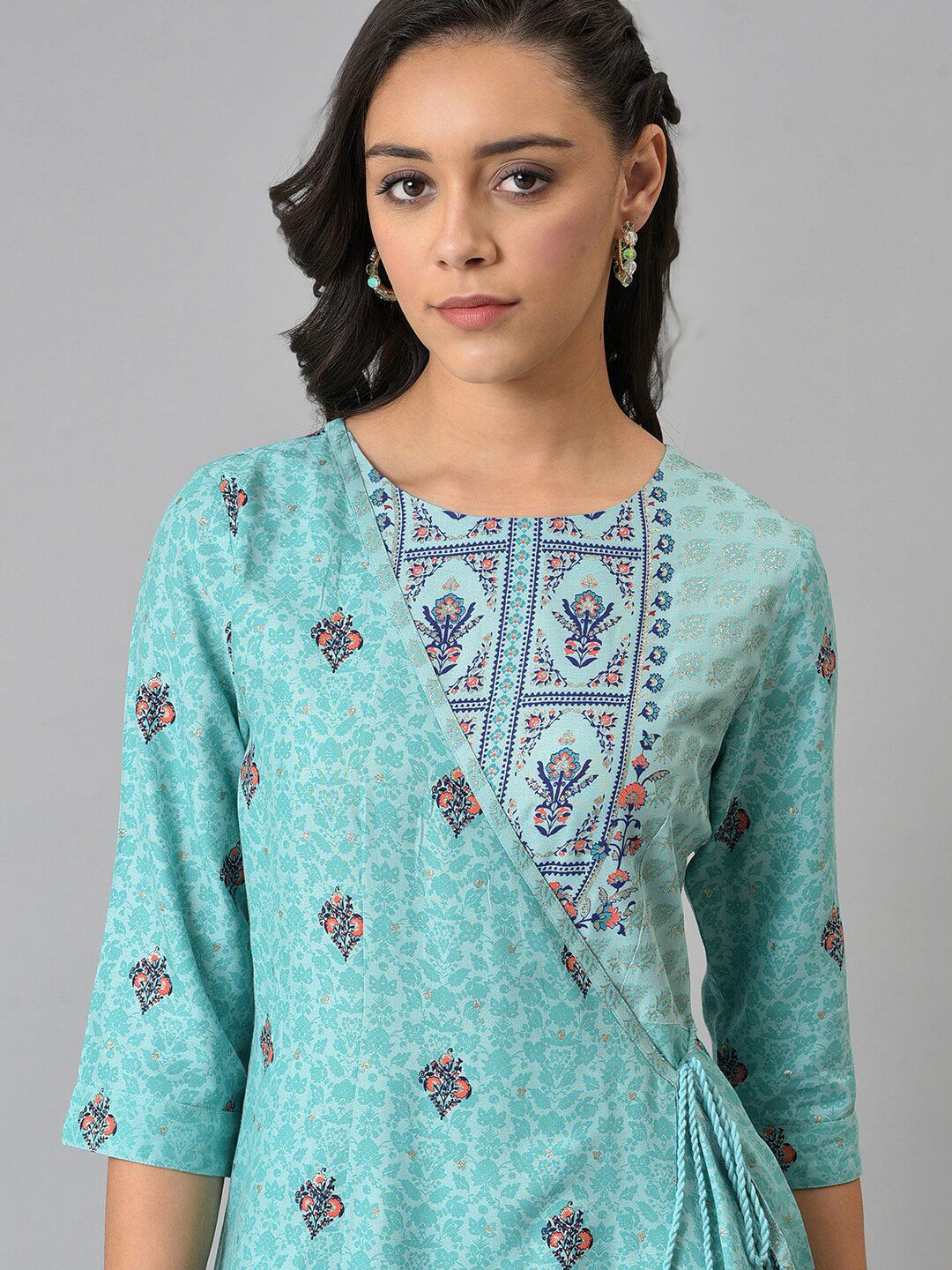 W Women Light Blue Glitter Printed Angrakha Jumpsuit