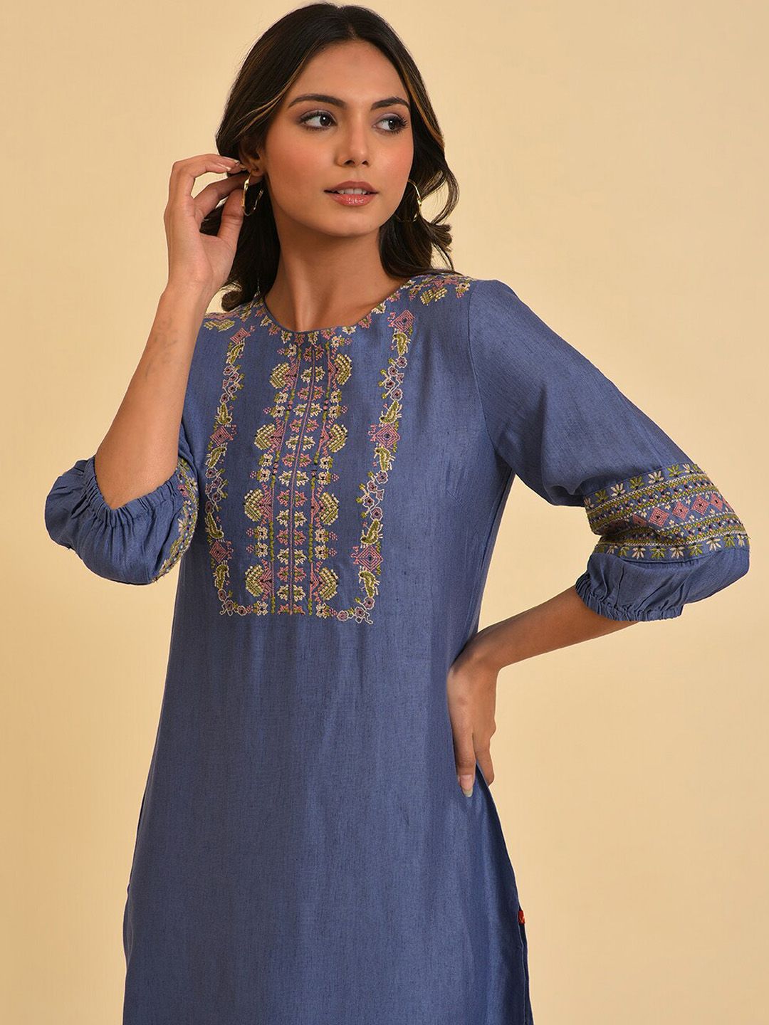 W Blue & Mustard Yellow Geometric Embroidered Kurta