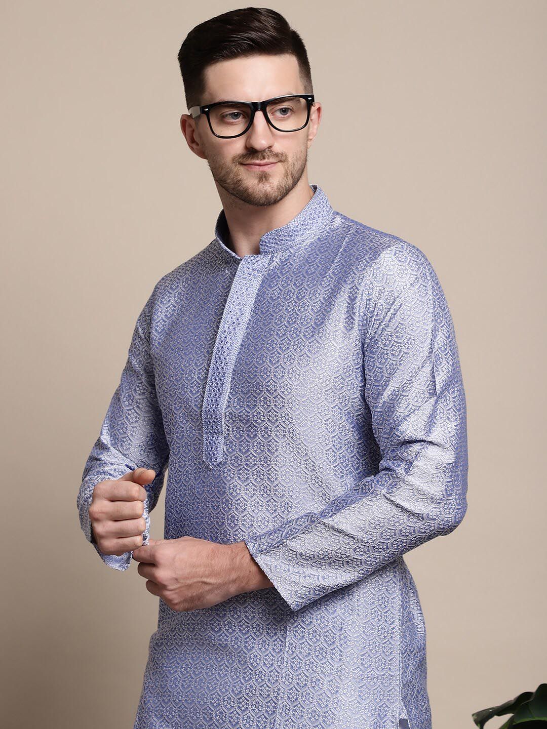 Anouk Blue & White Ethnic Motifs Woven Design Mandarin Collar Kurta with Pyjamas