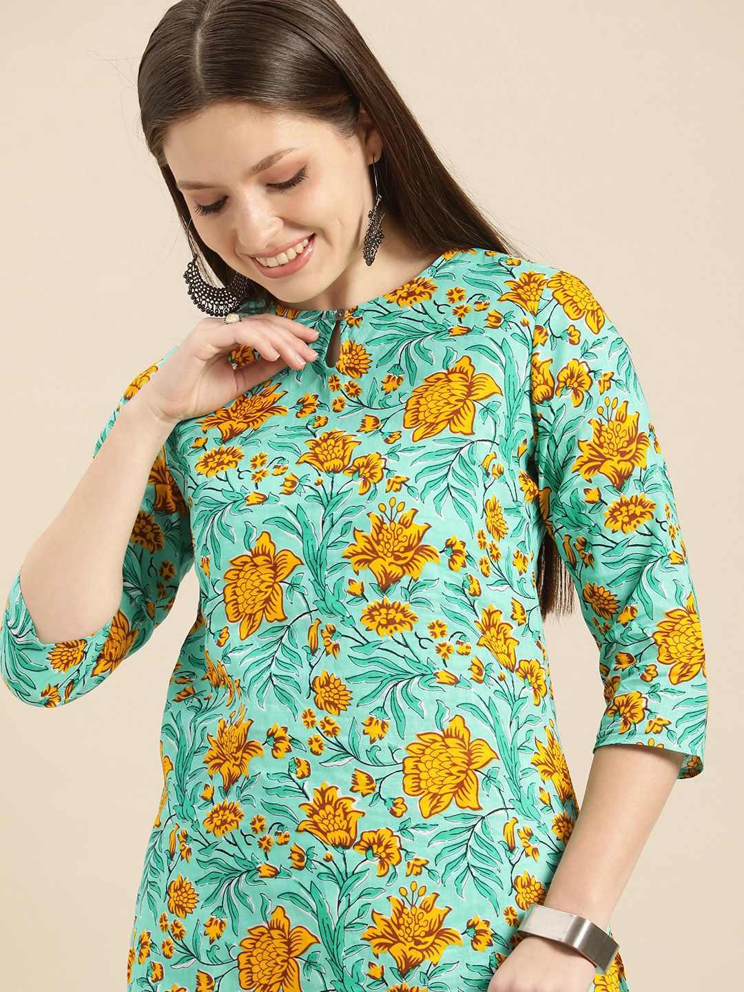 Anouk Women Sea Green & Yellow Floral Printed Keyhole Neck Pure Cotton Kurta
