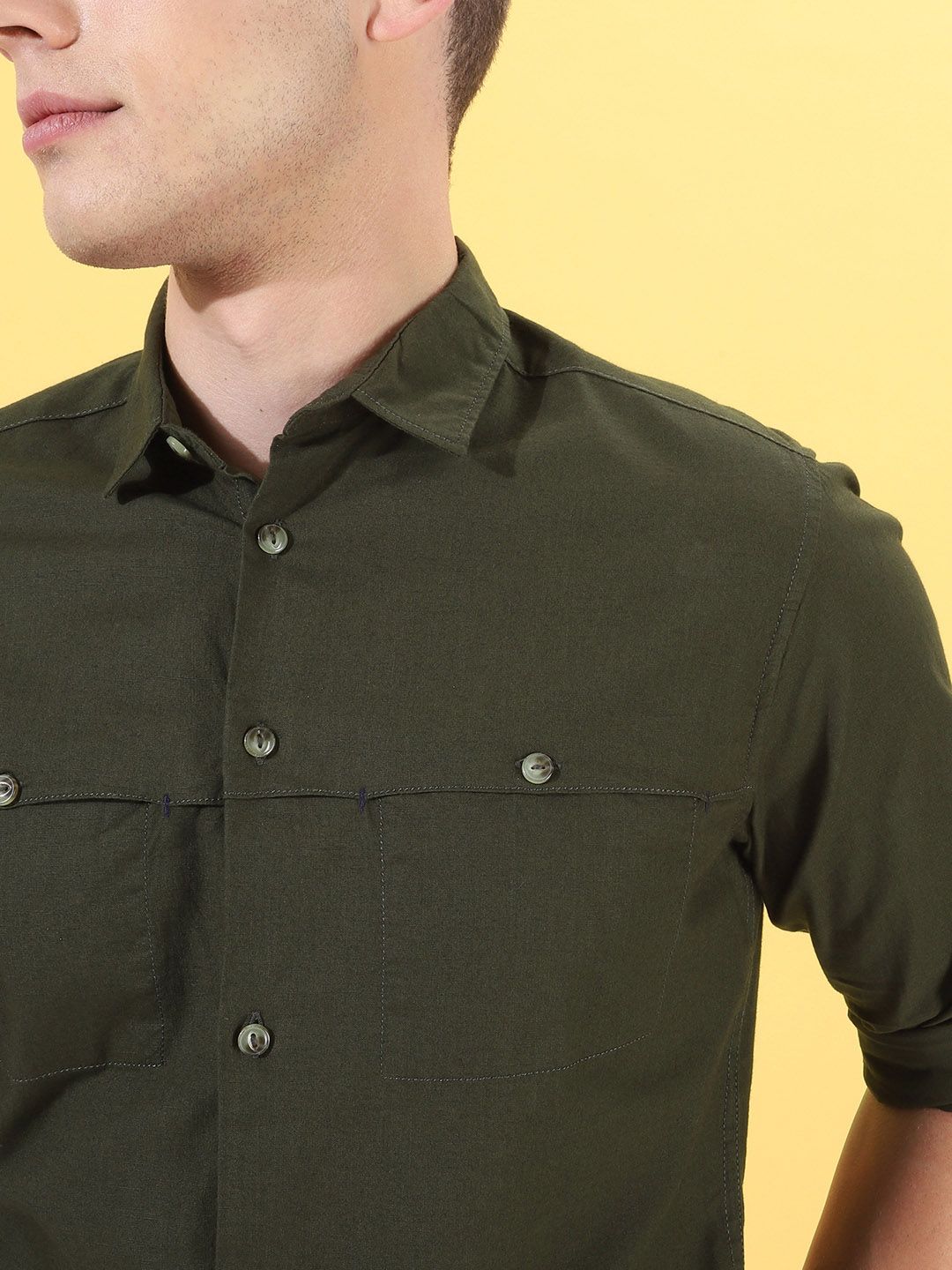 The Indian Garage Co Men Olive Green Slim Fit Solid Casual Shirt