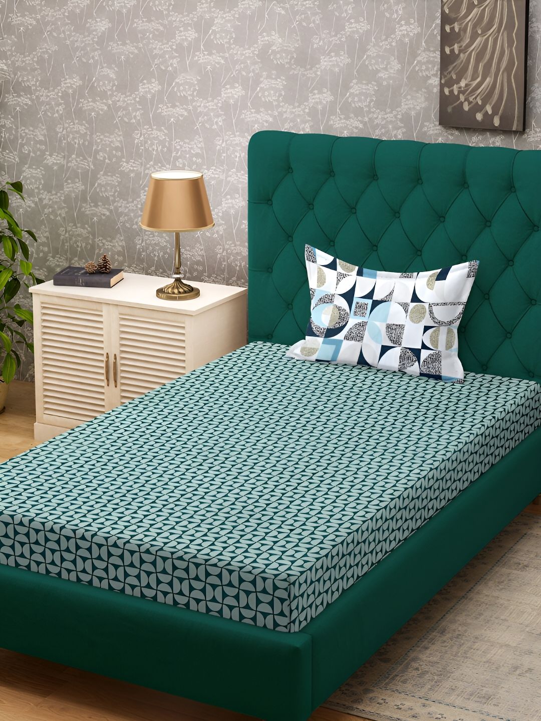 KLOTTHE Green Geometric Printed Cadar Single 300TC Dengan Sarung Bantal
