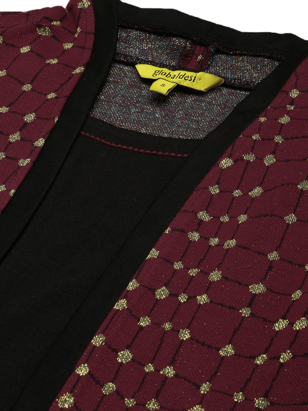 Global Desi Maroon & Gold-Toned Checked Shawl Collar Regular Sleeves Jacket Jumper Dress