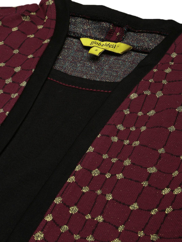 Global Desi Maroon & Gold-Toned Checked Shawl Collar Regular Sleeves Jacket Jumper Dress