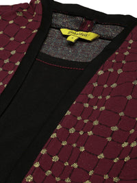 Global Desi Maroon & Gold-Toned Checked Shawl Collar Regular Sleeves Jacket Jumper Dress