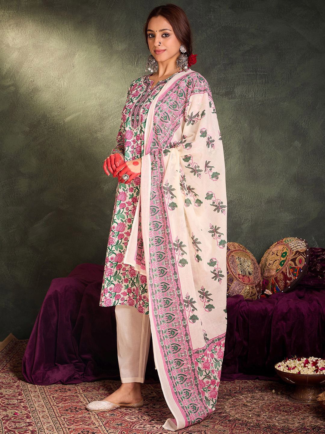 Indo Era Floral Printed Pure Cotton Straight Kurta With Trousers & Dupatta