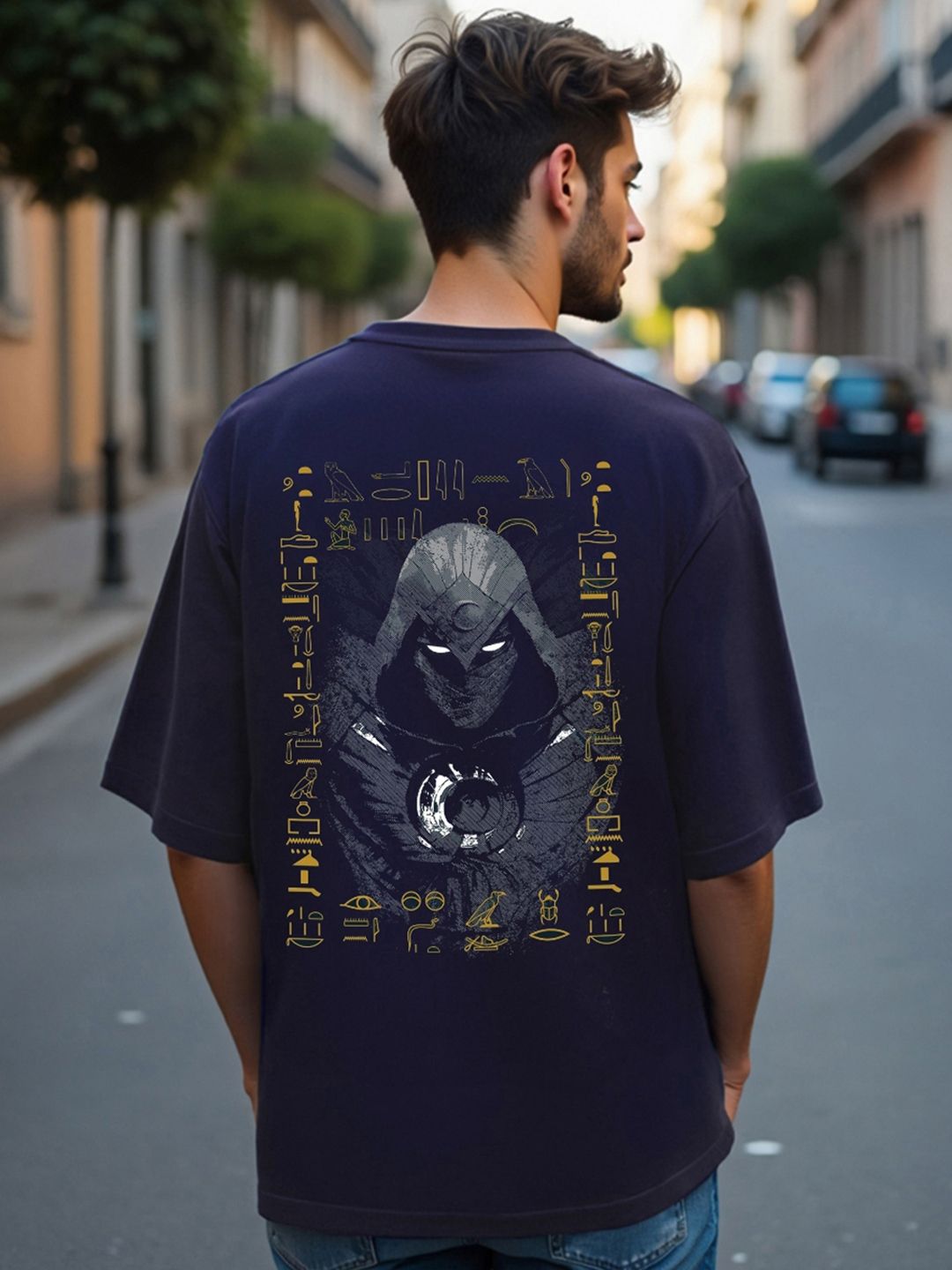 Bewakoof Men Navy Blue Printed Pure Cotton Oversized T-shirt