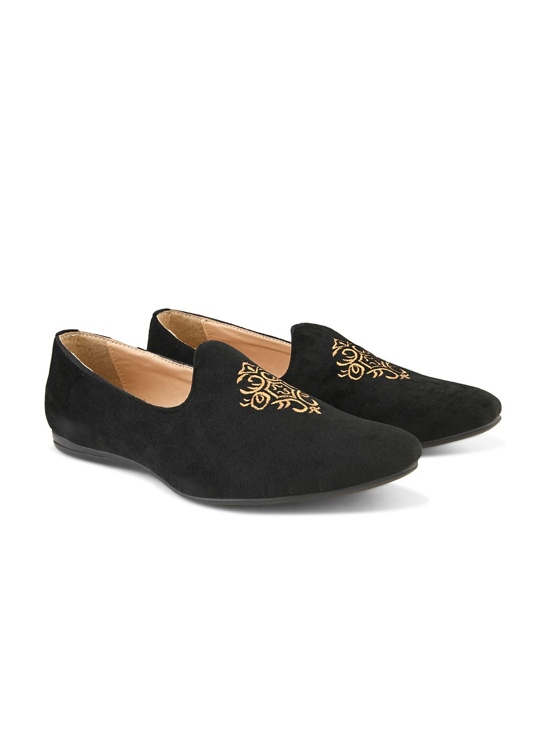House of Pataudi Men Black & Beige Woven Design Handcrafted Slip-Ons