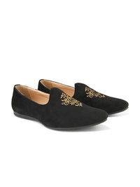 House of Pataudi Men Black & Beige Woven Design Handcrafted Slip-Ons