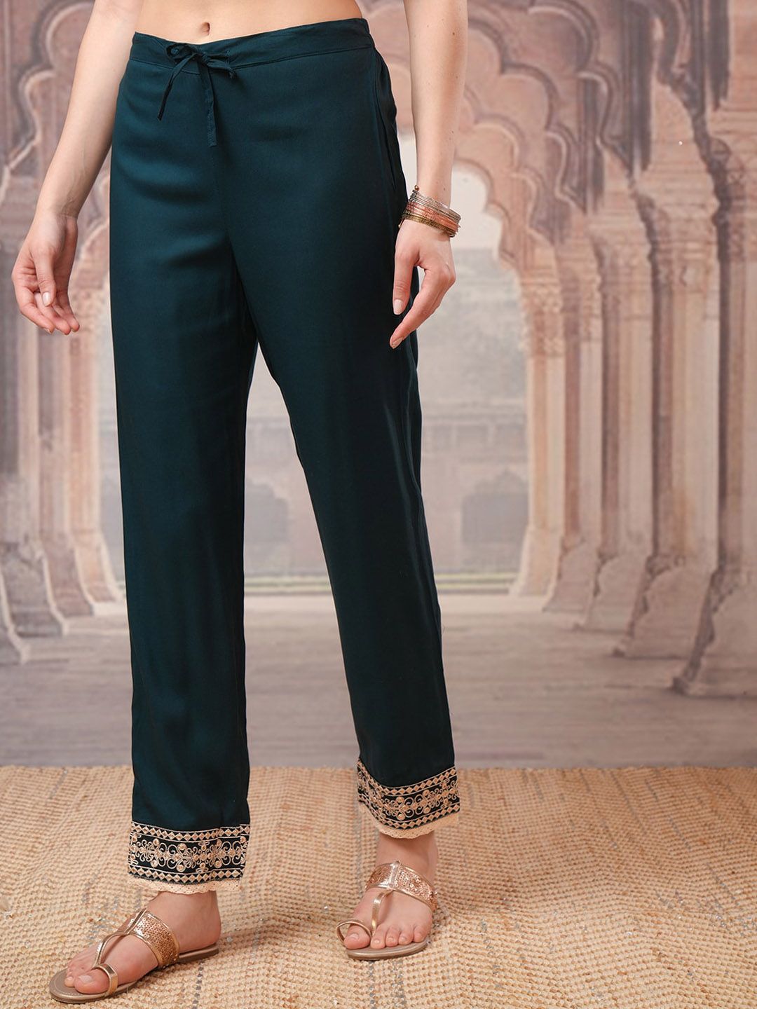 Vishudh Green Embroidered Regular Kurta with Trousers & Dupatta